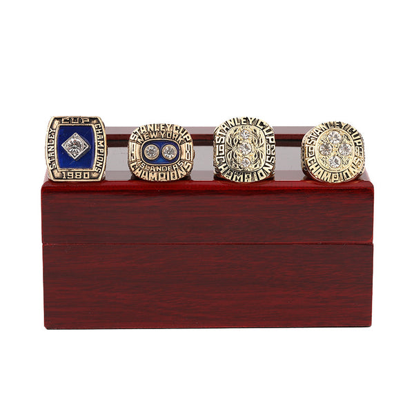 1980, 1981, 1982, 1983 NHL New York Island Hockey Champion Ring Wooden Box Jewelry Set