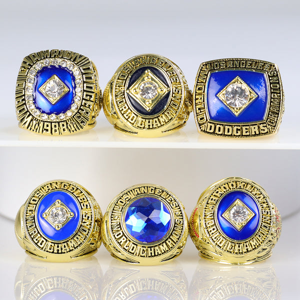 6- MLB Times' Dodgers LA Dod 1955 1959 1963 1965 1981 1988 World Champion Ring Set with Wooden Box Champion Ring Gift for Men, Women, Children and Fathers